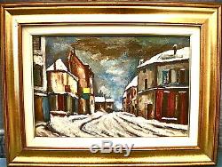 Snowy Village & Hunting Return. Signed Chauvin. Oil / Wood. Cadre44x58cm