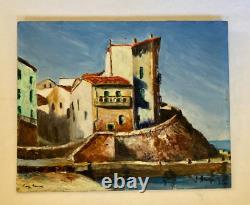 Soft Cape Beach of La Ponche Saint Tropez title oil on wood from 1950 signed