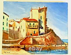 Soft Cape Beach of La Ponche Saint Tropez title oil on wood from 1950 signed