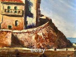 Soft Cape Beach of La Ponche Saint Tropez title oil on wood from 1950 signed