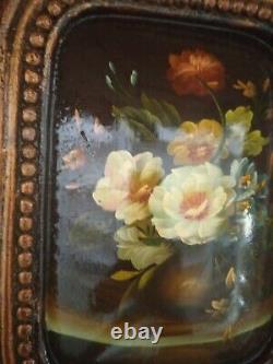 Square Flemish Flowers Oil Painting on Wood with Classic Gold Baroque Frame