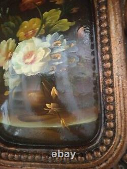 Square Flemish Flowers Oil Painting on Wood with Classic Gold Baroque Frame