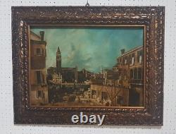 Square Oil Painting on Canvas Venice Wood Frame Worked Gold Leaf 92x72