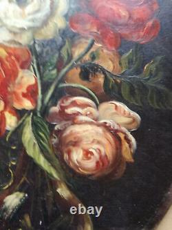Still Life, Bouquet Of Flowers, Oil On Canvas Marouflé On Wood, Unsigned