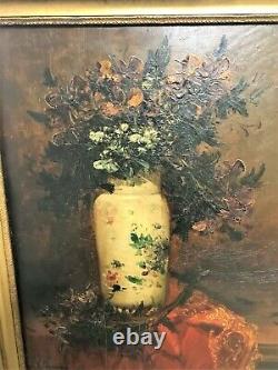 Still Life Painting Bouquet Of Flowers Oil On Wood Era 19th Century