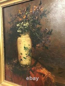Still Life Painting Bouquet Of Flowers Oil On Wood Era 19th Century
