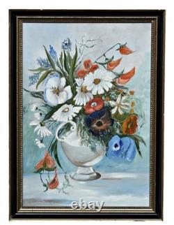 Still Life of Flowers in a Vase, Oil on Wood, Signed Original Framed Painting
