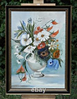 Still Life of Flowers in a Vase, Oil on Wood, Signed Original Framed Painting