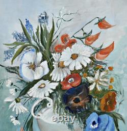 Still Life of Flowers in a Vase, Oil on Wood, Signed Original Framed Painting
