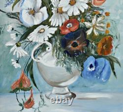 Still Life of Flowers in a Vase, Oil on Wood, Signed Original Framed Painting