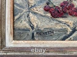 Still Life with Cherries, oil on panel signed Moretti, painting