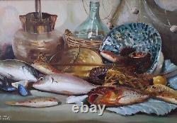 Still Life with Fish-Crustaceans-Pitchers Large Modern Oil Painting Signed