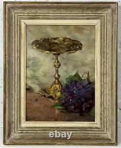 Still Life with Flowers and Vase, Original Antique Oil Painting 1900s, Framed