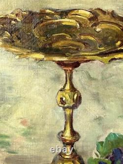 Still Life with Flowers and Vase, Original Antique Oil Painting 1900s, Framed