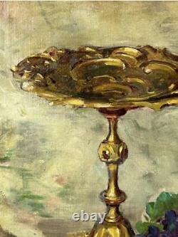Still Life with Flowers and Vase, Original Antique Oil Painting 1900s, Framed