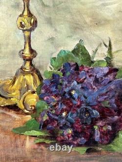Still Life with Flowers and Vase, Original Antique Oil Painting 1900s, Framed