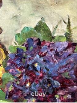 Still Life with Flowers and Vase, Original Antique Oil Painting 1900s, Framed