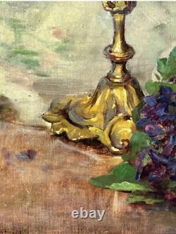 Still Life with Flowers and Vase, Original Antique Oil Painting 1900s, Framed