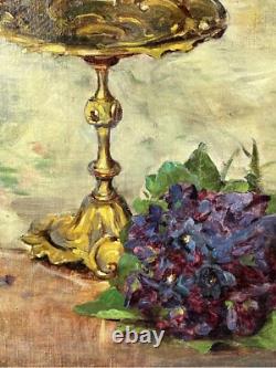 Still Life with Flowers and Vase, Original Antique Oil Painting 1900s, Framed