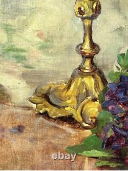 Still Life with Flowers and Vase, Original Antique Oil Painting 1900s, Framed
