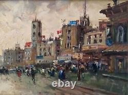 Street Scene in Paris with Figures Oil Painting Mid 20th Century Signed