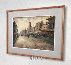 Street Scene in Paris with Figures Oil Painting Mid 20th Century Signed