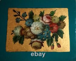 Sup. Decorative Panel On Wood, Flowers Painted On Gold Background, Good Condition, 1 Of 4