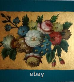 Sup. Decorative Panel On Wood, Flowers Painted On Gold Background, Good Condition, 1 Of 4