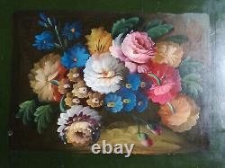 Sup. Decorative Panel On Wood, Flowers Painted On Green Background, Good Condition, 1 Of 4