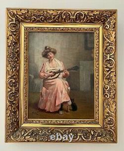 Superb Oil On Canvas La Jeune Musicienne Au Chat Signed And Dated Poujol