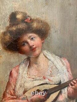 Superb Oil On Canvas La Jeune Musicienne Au Chat Signed And Dated Poujol