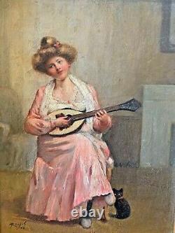 Superb Oil On Canvas La Jeune Musicienne Au Chat Signed And Dated Poujol