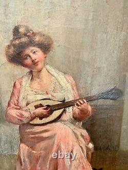 Superb Oil On Canvas La Jeune Musicienne Au Chat Signed And Dated Poujol