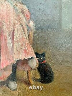 Superb Oil On Canvas La Jeune Musicienne Au Chat Signed And Dated Poujol