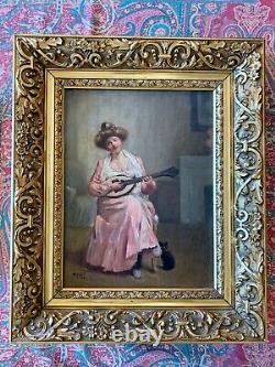 Superb Oil On Canvas La Jeune Musicienne Au Chat Signed And Dated Poujol