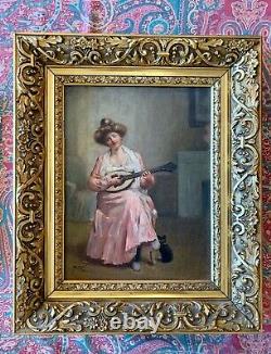 Superb Oil On Canvas La Jeune Musicienne Au Chat Signed And Dated Poujol