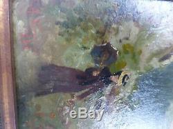 Superb Oil On Mahogany Impressionniste Signed A. 1892 Nicolas Woman Umbrella