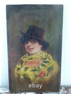 Superb Old Original Oil Painting On Women's Portrait Panel Lozano