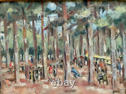 Superb Painting Signed Montezin Post-impressionism Oil On Canvas Fête Au Bois