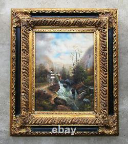 Superb Painting Signed Oil On Wood Style Barbizon, Waterfall Mountain Landscape