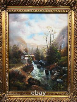 Superb Painting Signed Oil On Wood Style Barbizon, Waterfall Mountain Landscape