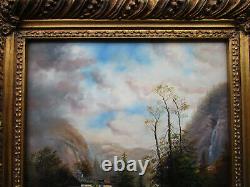 Superb Painting Signed Oil On Wood Style Barbizon, Waterfall Mountain Landscape