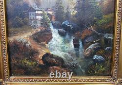 Superb Painting Signed Oil On Wood Style Barbizon, Waterfall Mountain Landscape