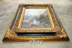 Superb Painting Signed Oil On Wood Style Barbizon, Waterfall Mountain Landscape