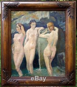 Superb Painting To 1950 The Three Graces Raymond Martinez Female Nude