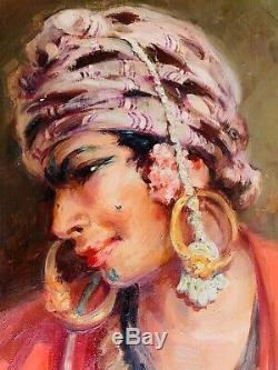Superb Portrait Orientaliste, Oil On Wood In The Style Of José Cruz Herrera