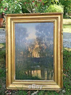 Superb Table In Wood And Mahogany Mare School Oil On Panel Barbizon