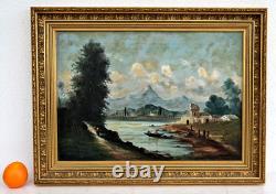 TABLEAU River Landscape Fishermen Oil on Canvas Beautiful Golden Wood Frame 19th Century