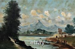 TABLEAU River Landscape Fishermen Oil on Canvas Beautiful Golden Wood Frame 19th Century