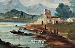 TABLEAU River Landscape Fishermen Oil on Canvas Beautiful Golden Wood Frame 19th Century